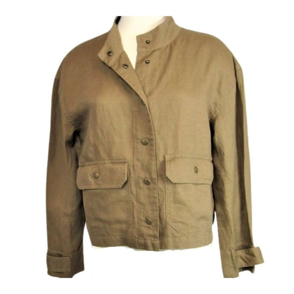 Linen Jacket Stand-Up Madarin Collar Snap Front Snap Pockets Women's Size Sm